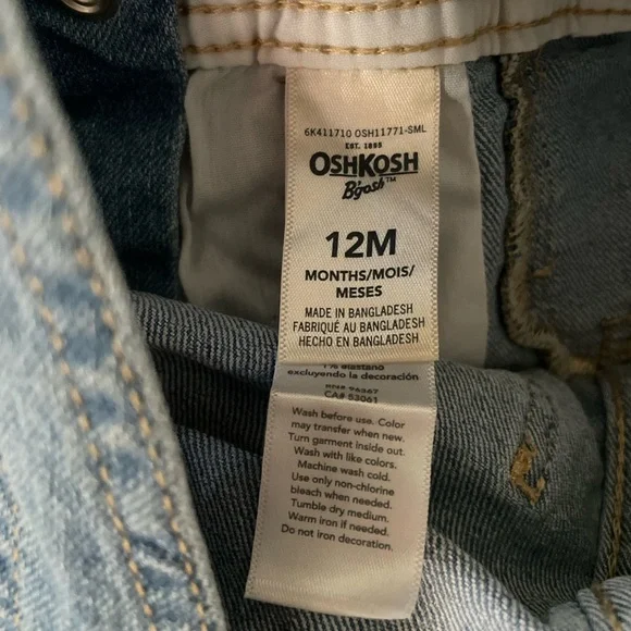 Oshkosh B’gosh baby girl medium wash denim overalls/romper shorts 18 months NEW - Picture 4 of 8